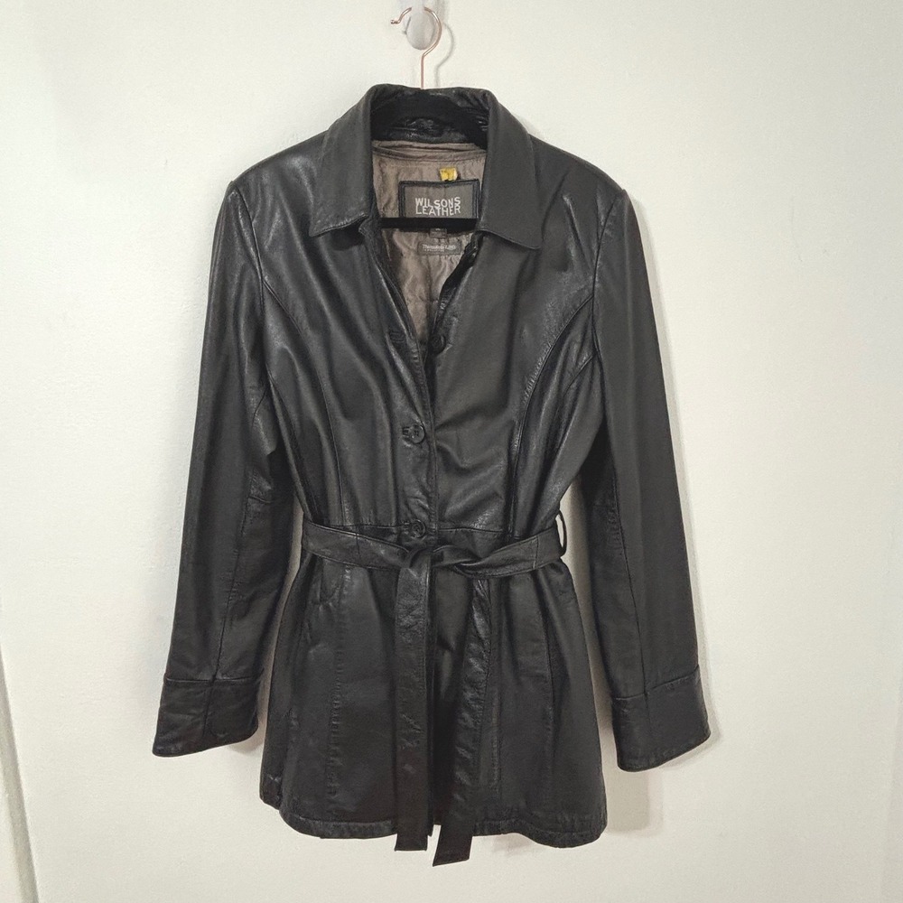 Vintage Wilsons Leather Thinsulate Ultra Belted Trench Coat Jacket Women M Black